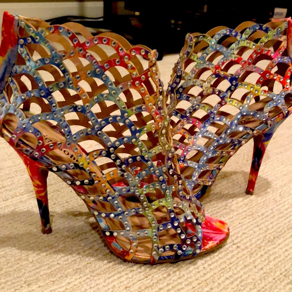 Multicolored studded heel sandal.